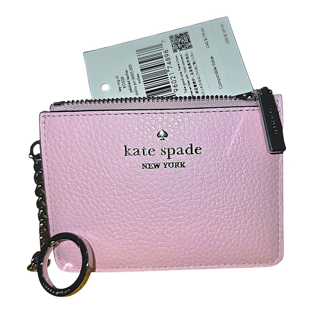 Kate Spade Staci Key Ring Card Case Dahlia Pink Pebbled Leather Pouch NEW
